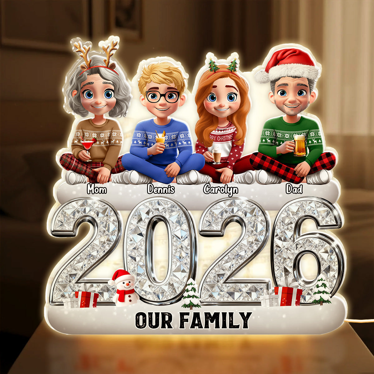 Custom Our Family Acrylic Light Box with Festive Characters, Warm Atmosphere Lighting Acrylic Light Box, Heartfelt Holiday Gift for the Whole Family