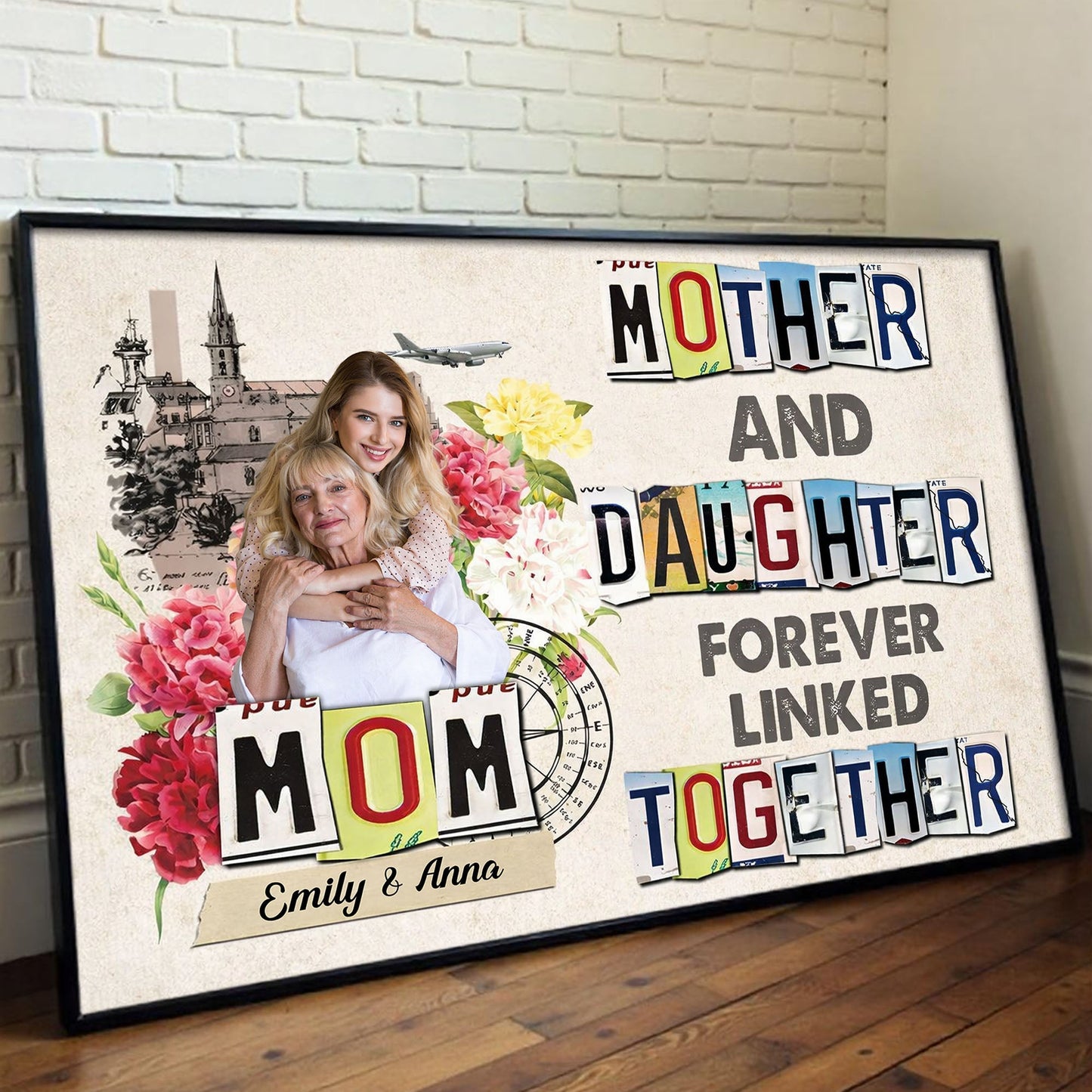 Personalized Mother and Daughter Poster with Your Photo, Floral Collage Wall Art, Unique Gift for Mom