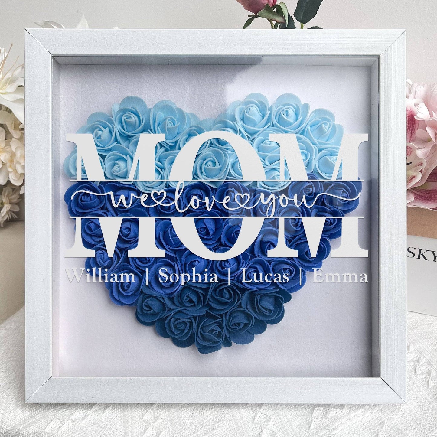 MOM We Love You Shadow Box, Personalized Heart Rose Keepsake for Mom, Meaningful Family Memory Gift for Her