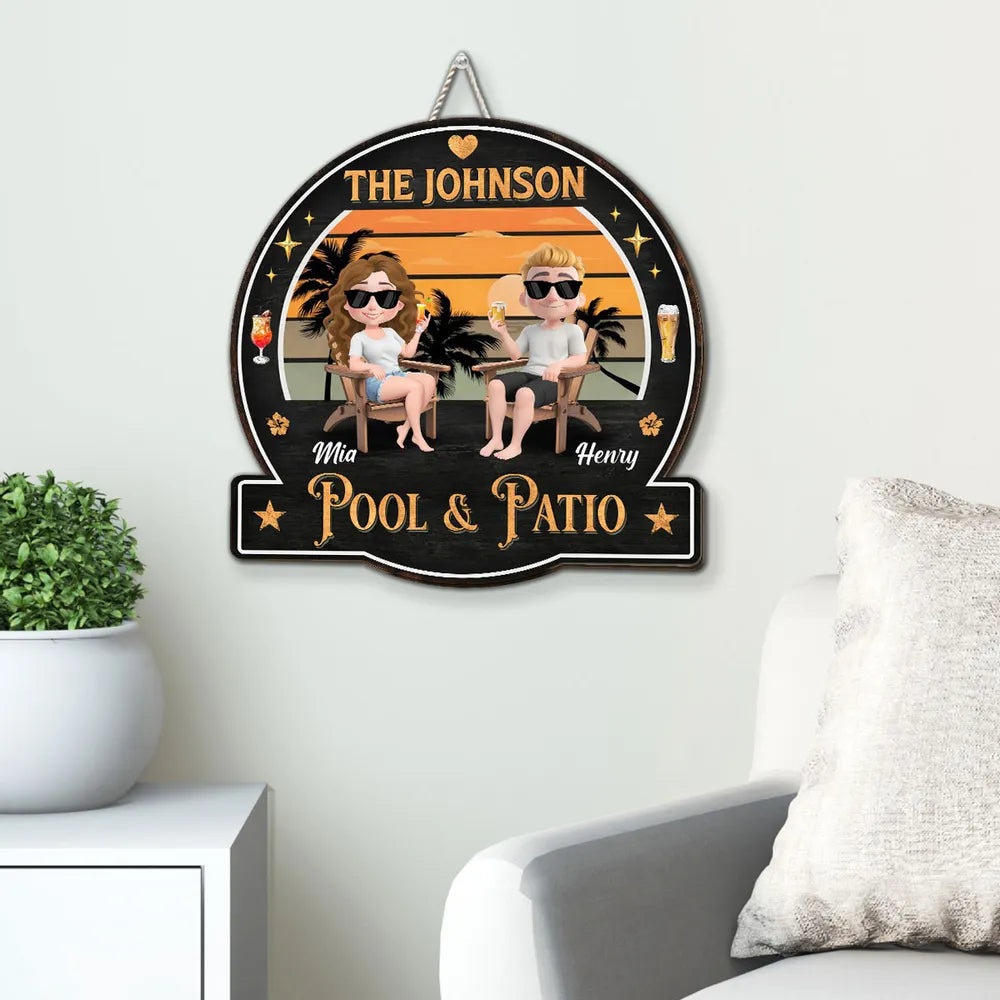 Personalized Wooden Sign with Relaxing Couple at Sunset Pool & Patio Scene, Unique Custom Gift for Couples