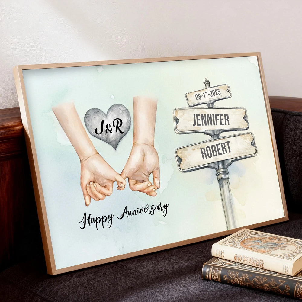 Personalized Anniversary Poster with Holding Hands Illustration, Custom Couple Wall Art, Unique Romantic Gift