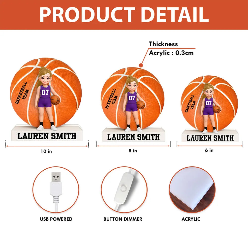 Custom Basketball Team Acrylic Light Box with Cute Player Illustration – Warm Atmosphere Light and Memorable Gift for Sports Lovers