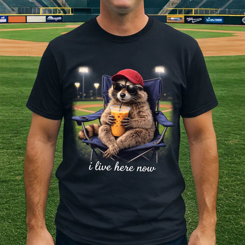 Personalized Classic Tee Chill Raccoon in Sunglasses at the Ballpark 'i live here now' Cute Everyday Gift