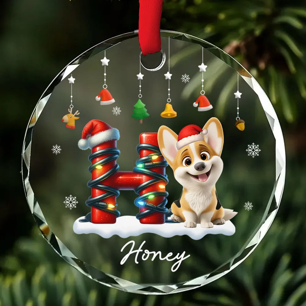 Crystal Ornament - Cute Puppy in Santa Hat, Snowflakes, Personalized Christmas decor, unique gift for dog lovers