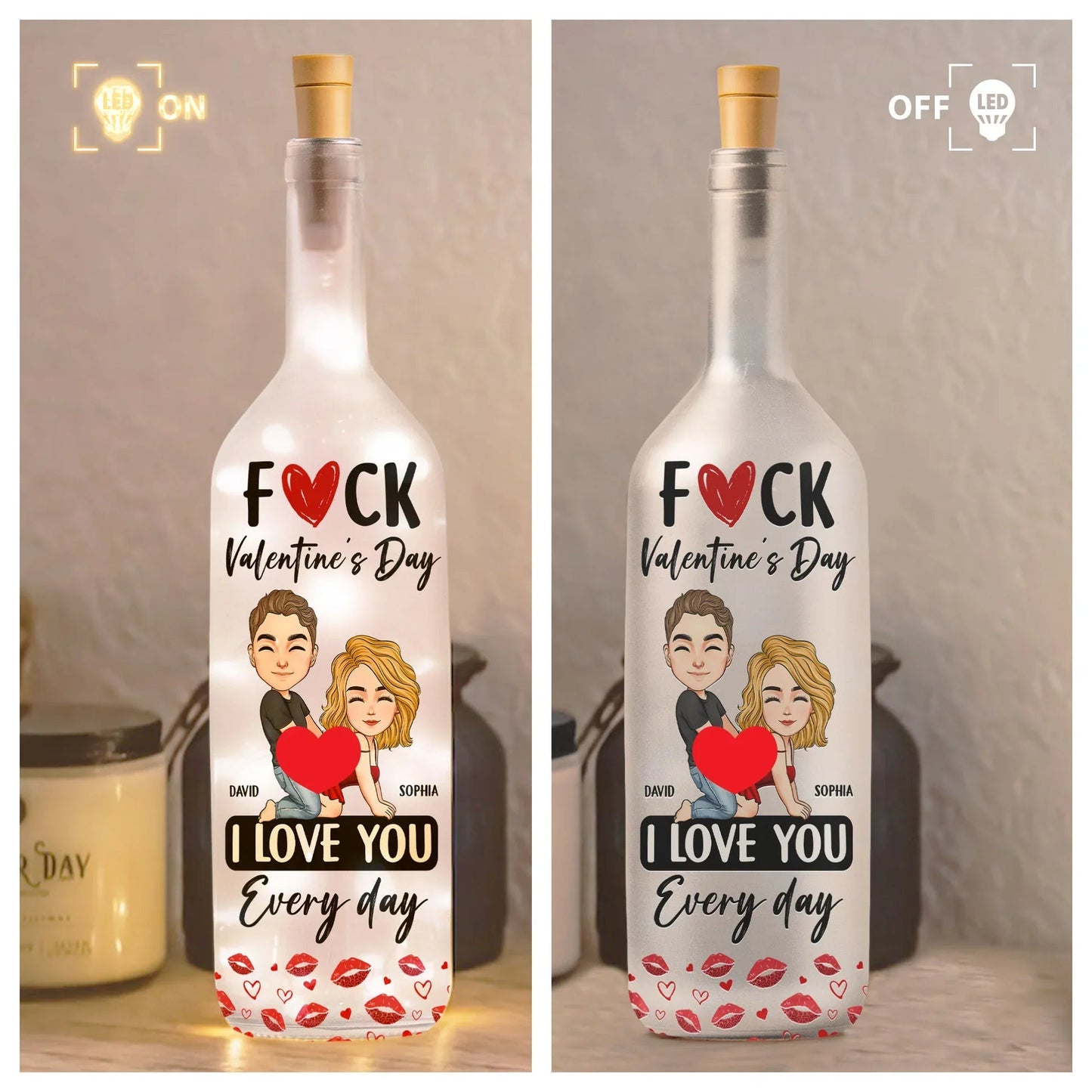 Funny romantic Bottle Lamp with customized couple art and I love you every day message, cozy ambient light, creative gift for couples