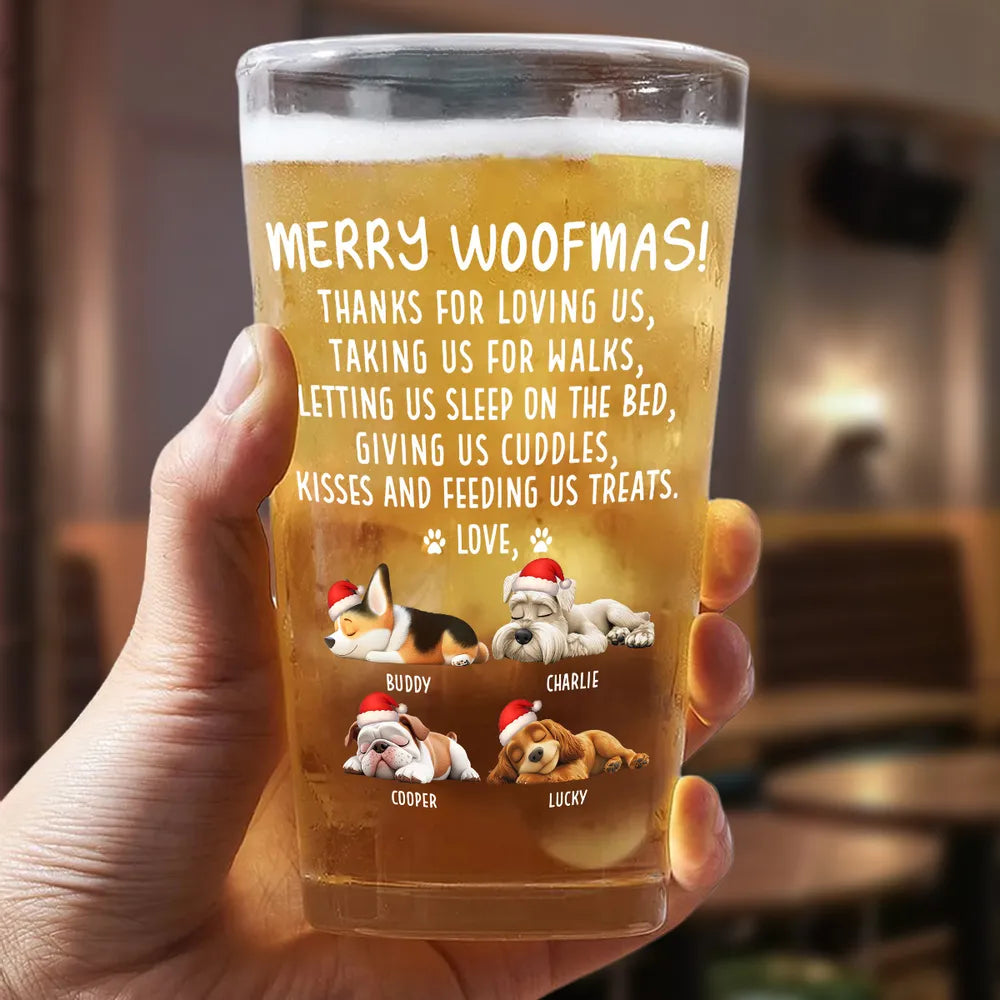 Merry Woofmas Beer Glass with cute dog print, fun holiday gift for dog owners and pet lovers