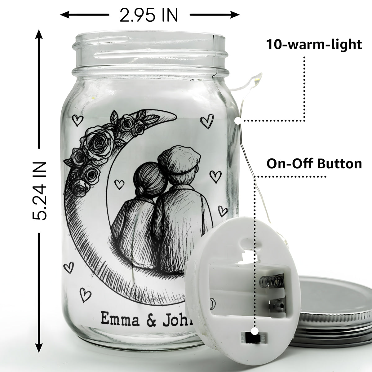 Personalized Glass Mason Jar Light with Moon Couple Design – Romantic I Love You To The Moon And Back Unique Gift