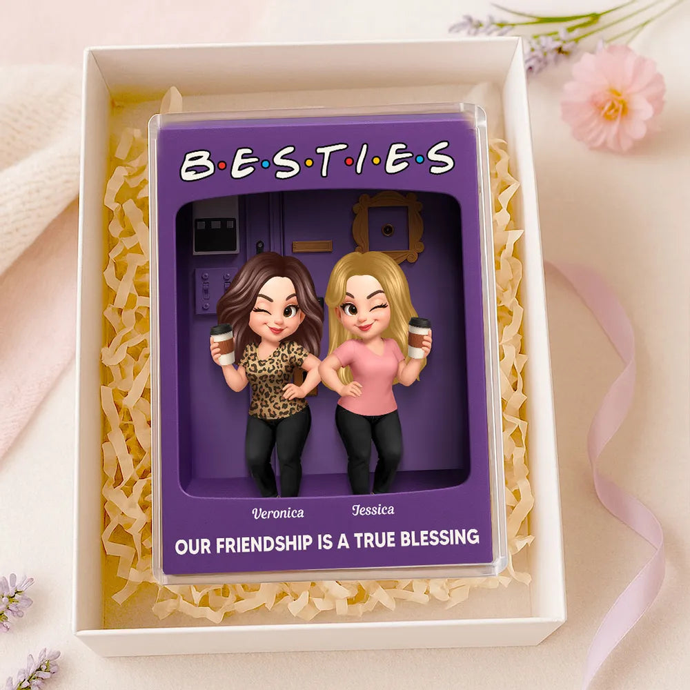 Rectangle Acrylic Block Plaque for Besties — cute characters holding coffee, purple backdrop, perfect friendship gift for birthdays, holidays, and everyday smiles