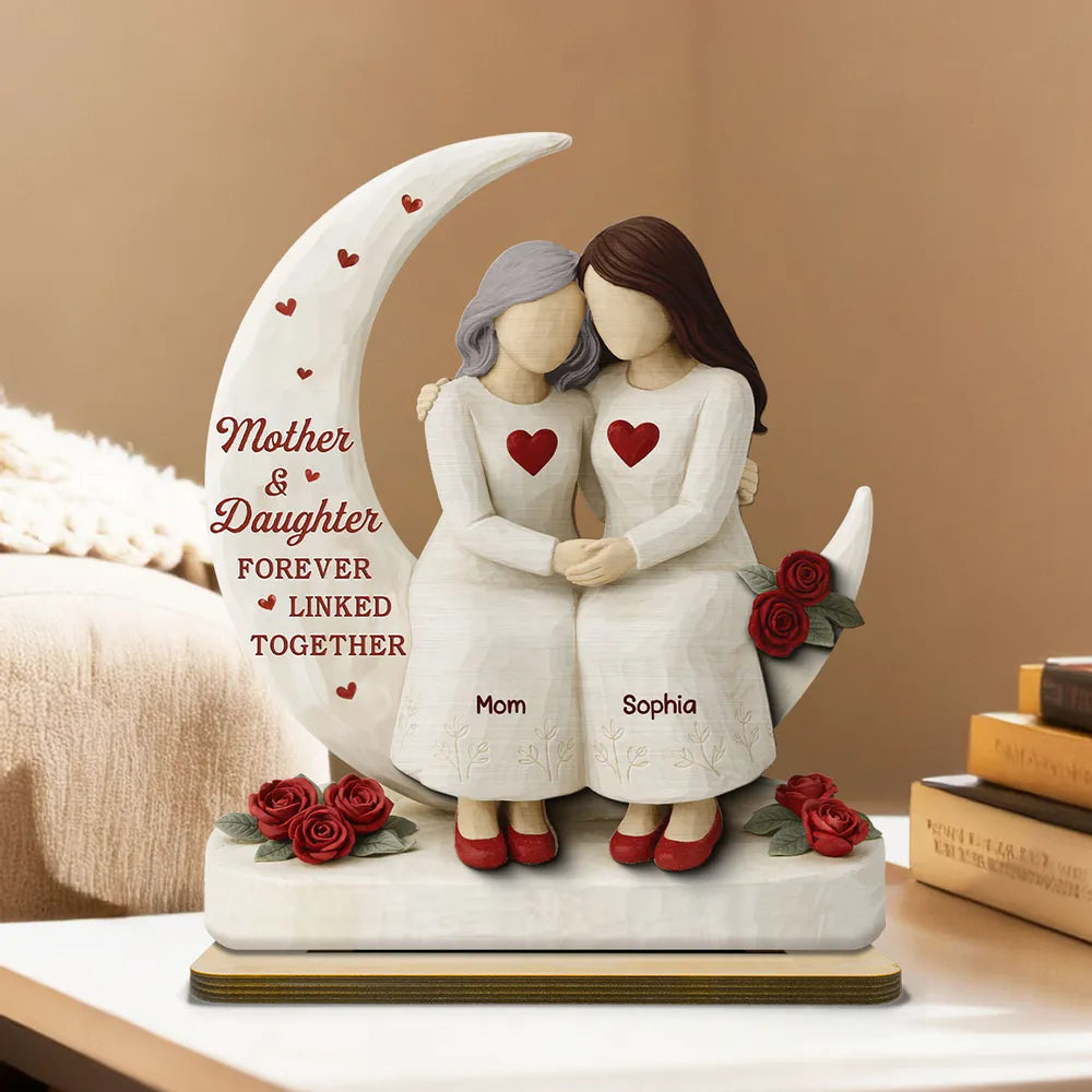 Personalized 2-Layer Wooden Plaque Mother & Daughter Forever Linked Together, Hugging Figurines with Roses, Unique Gift for Mom