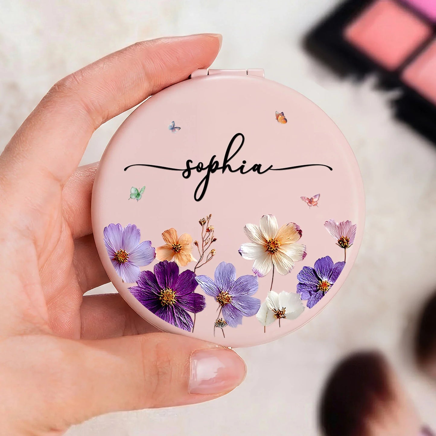 Custom Name Floral Metal Compact Mirror, Delicate Wildflower Design, Thoughtful Gift for Mom Daughter Best Friend, Sweet Daily Reminder
