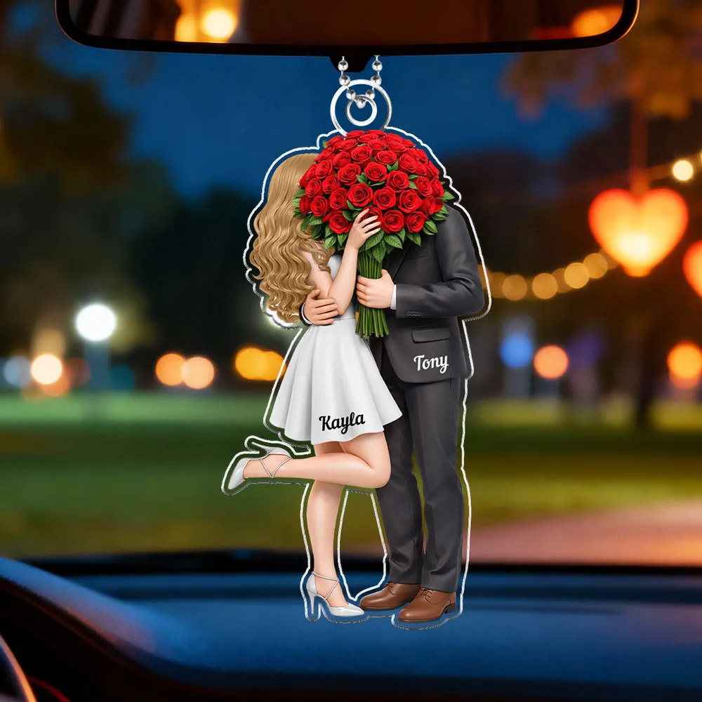 Personalized Acrylic Car Hanger Elegant Couple Hugging with Red Roses, Romantic Rearview Mirror Decor, Unique Gift for Couples