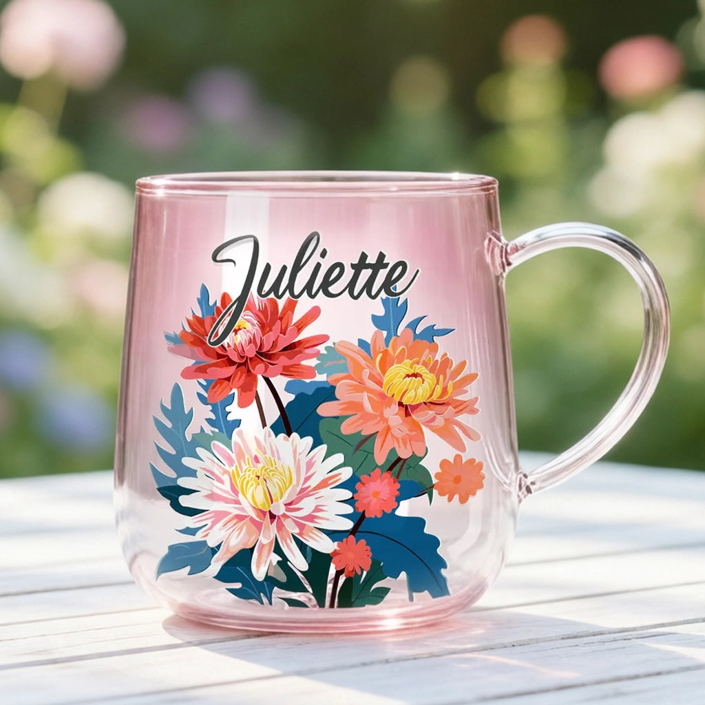 Pink Ombre Gradient Glass Mug With Colorful Flowers And Custom Name, Everyday Coffee And Tea Cup, Thoughtful Gift