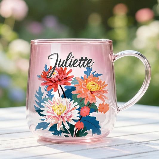Pink Ombre Gradient Glass Mug With Colorful Flowers And Custom Name, Everyday Coffee And Tea Cup, Thoughtful Gift