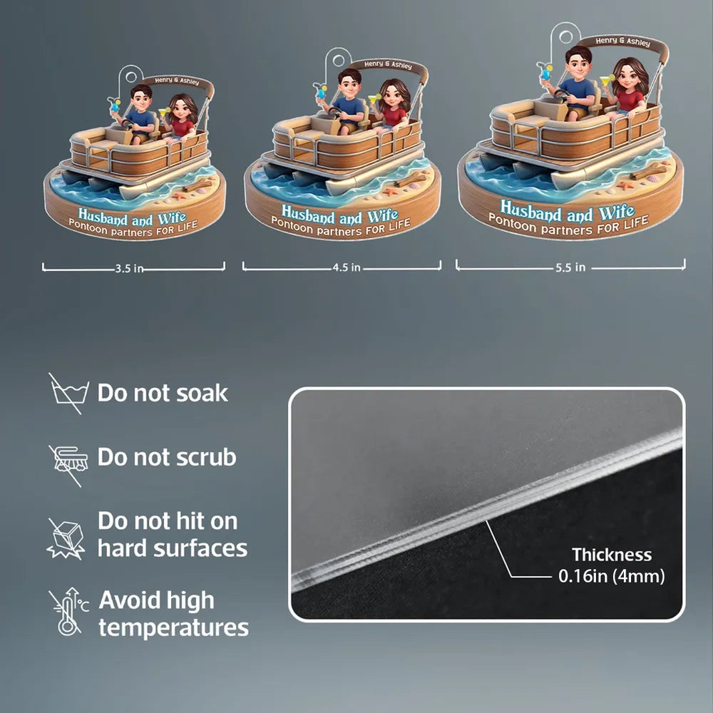 Personalized Acrylic Car Hanger Pontoon Couple Cute Cartoon Boat Decor, Unique Gift for Husband & Wife