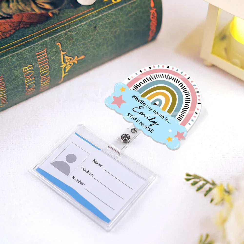 Hello My Name Is Acrylic Badge Reel With Rainbow And Stars - Personalized Nurse Gift For Workdays