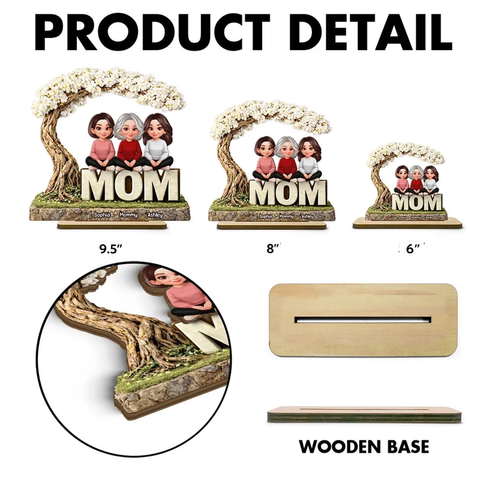 2-Layer Wooden Plaque Personalized Family Scene Under a Flowering Tree, Warm Home Display, Heartfelt Gift for Mom