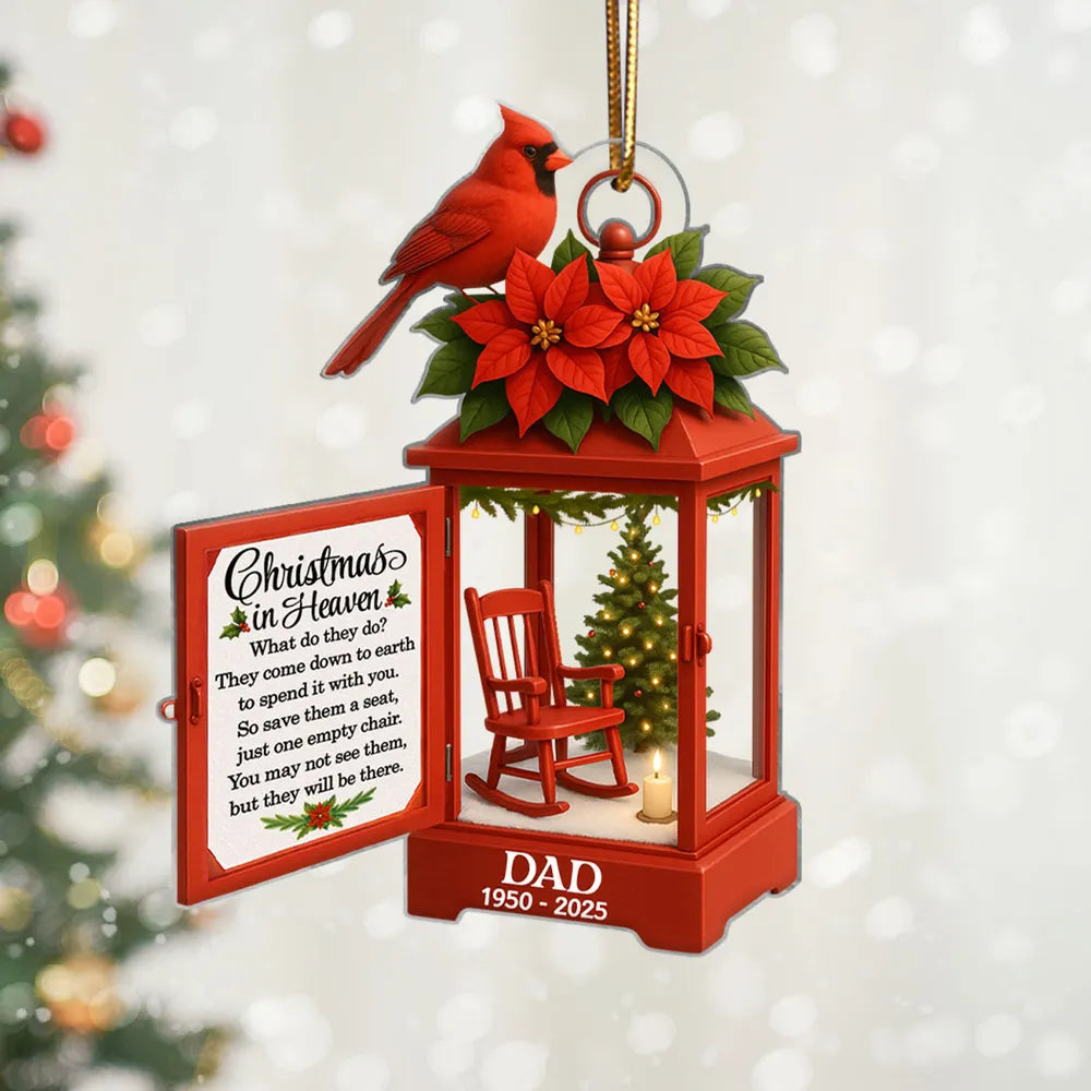 Acrylic Ornament Lantern Scene with Poinsettia and Candle – serene remembrance tree ornament, gift-ready memorial keepsake for Dad, Mom, and loved ones