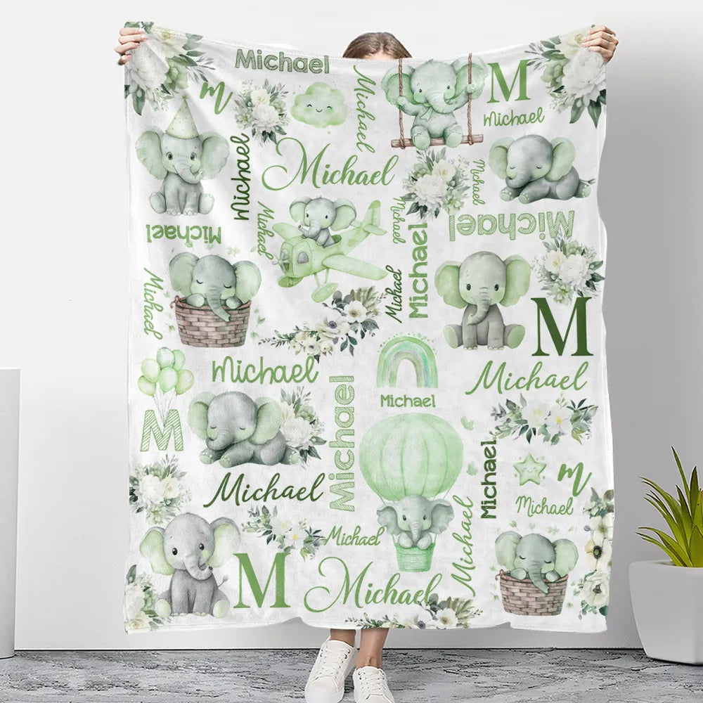 Custom Name Baby Fleece Blanket with Cute Pink Elephant Illustrations, Lightweight Cozy Throw, Adorable Personalized Gift