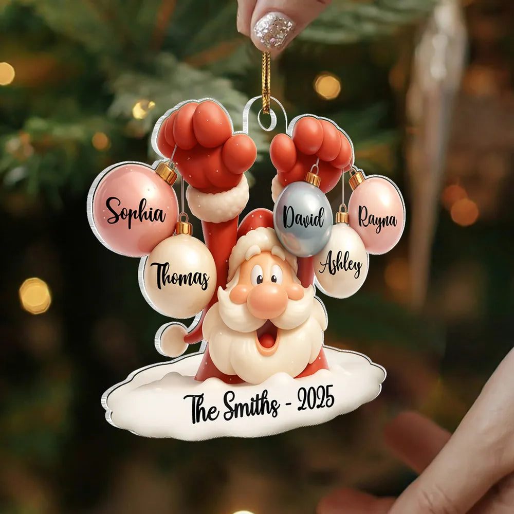 Santa Family Acrylic Ornament, festive bauble design with Santa holding ornaments, perfect gift for families, cozy tree decoration