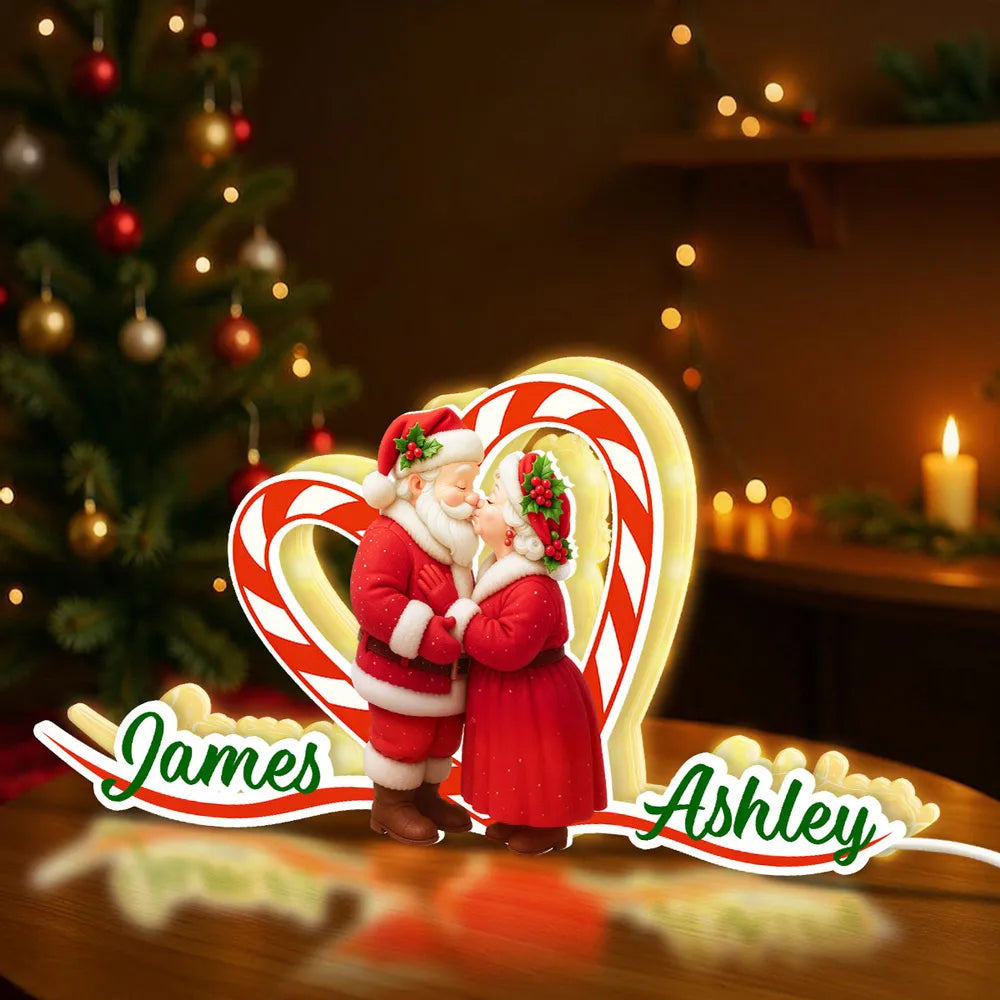 Personalized Acrylic Light Box - Santa Couple Kissing with Candy-Cane Heart, Warm Glow Holiday Decor, Unique Gift for Couples