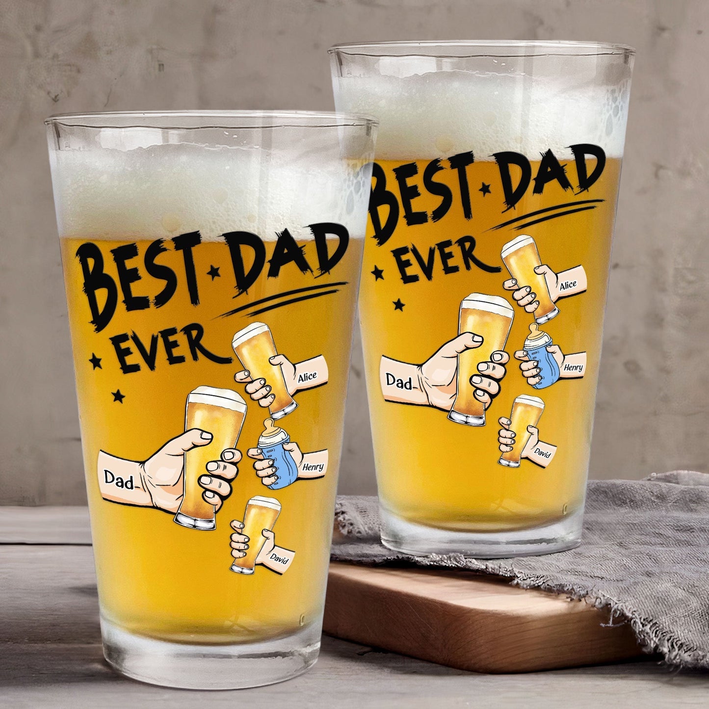“Best Dad Ever” Personalized Beer Glass – Custom Cheers Design with Kid Names