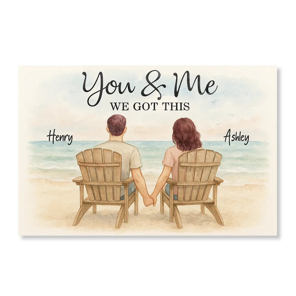 Romantic Seaside Poster, hand-in-hand couple illustration with gentle ocean background, warm modern wall art, heartfelt gift for partners or newlyweds