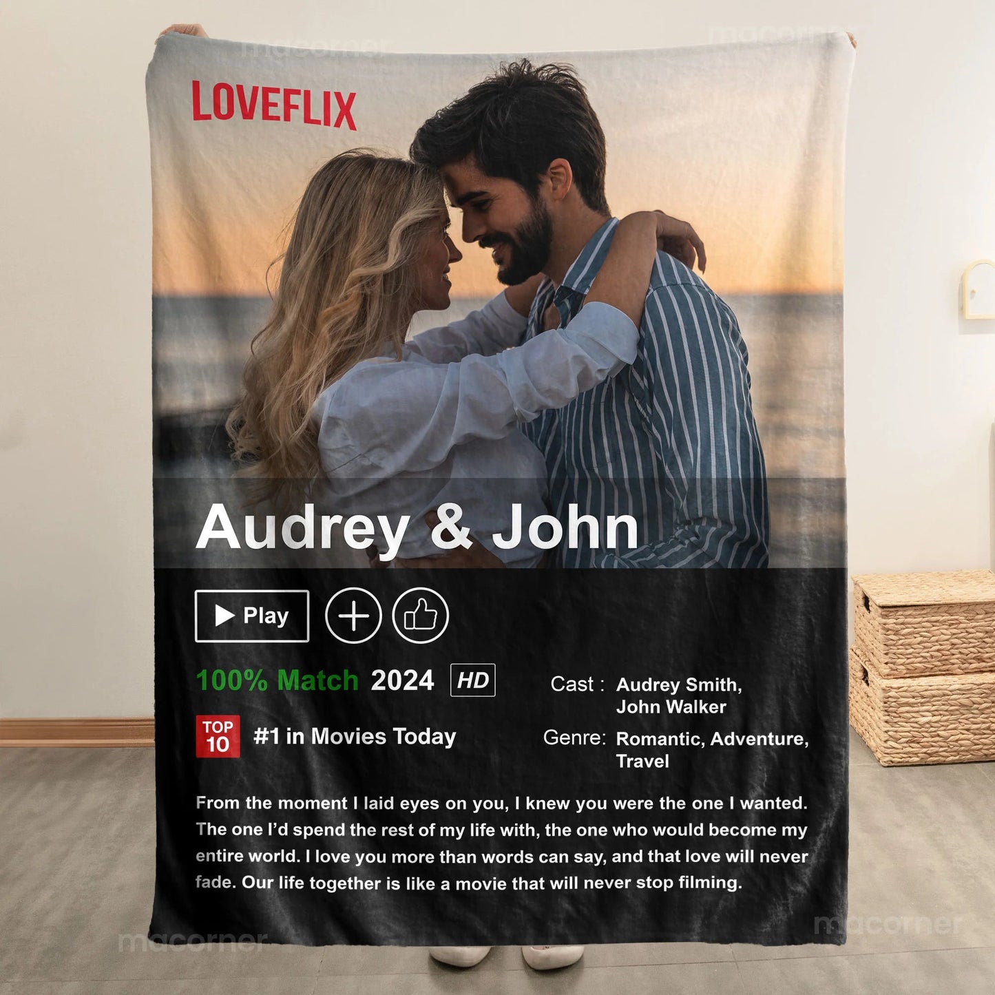 Personalized Loveflix Poster, Blanket, Plaque - Romantic Gift for Couples - Celebrate Your Romance Like a Blockbuster Movie
