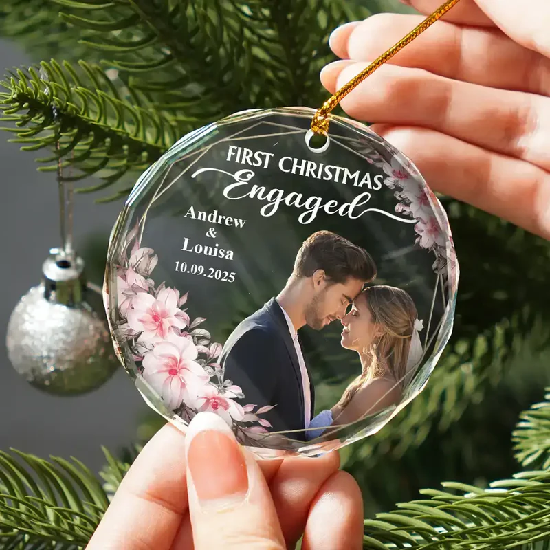 Personalized Crystal Ornament for First Christmas Married – Custom Photo Couple Keepsake, Romantic Holiday Tree Gift