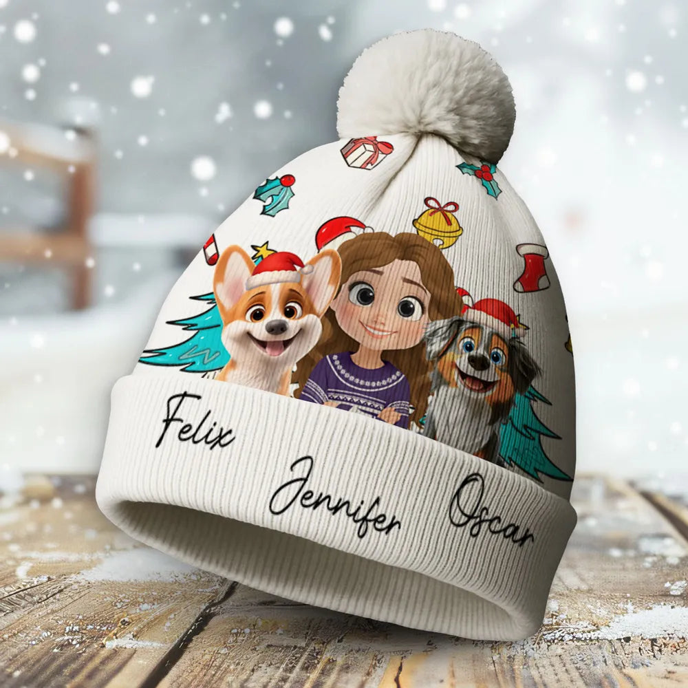 Personalized Bobble Beanie Hat with Girl & Dog Cartoon, Christmas Trees & Icons, Unique Holiday Gift for Pet Lovers