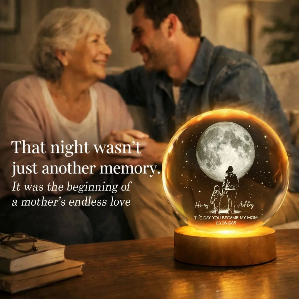 The Day You Became My Mom Personalized Globe Lamp, Mom and Child Under the Moon Night Light, Meaningful Gift