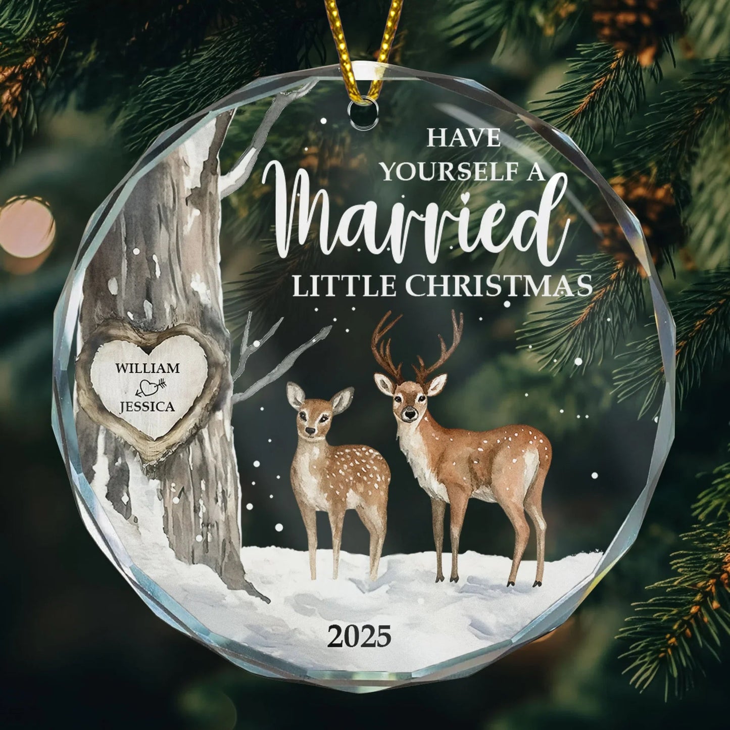 Crystal Ornament with Deer in Snowy Forest, Married Christmas Theme, Heartfelt Holiday Decoration, Perfect Gift for Couples