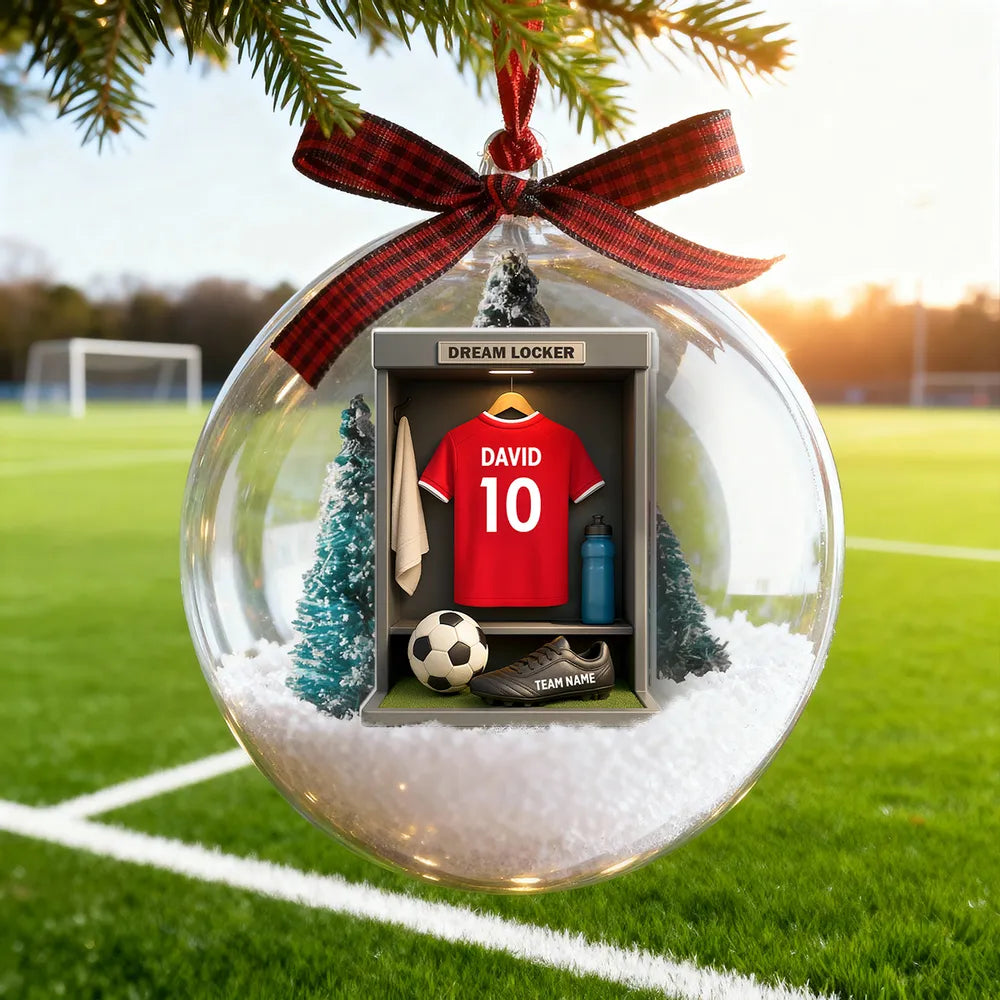 Christmas Snow Globe Ornament - Soccer Locker Mini Scene, Clear Acrylic, Personalized - Unique Gift for Son, Grandson, Boyfriend