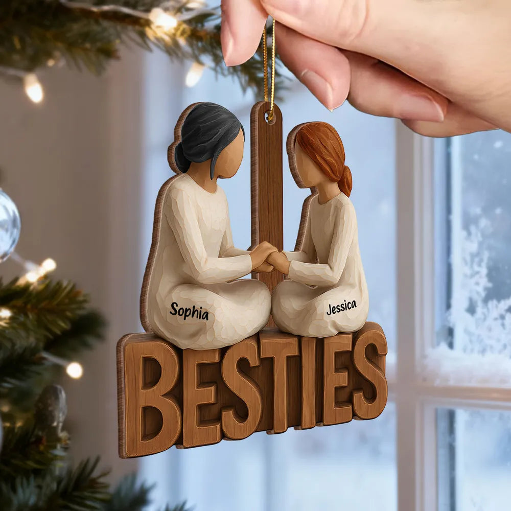 Wooden Ornament Besties Hand-in-Hand, Minimalist Carved Wood Design, Unique Gift for Best Friend, Ready to Hang