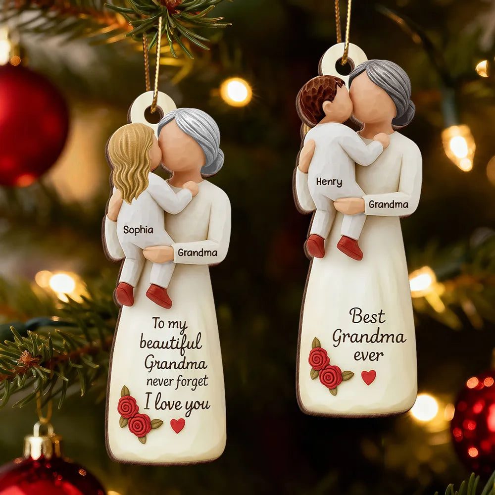 Wooden Ornament - Personalized Grandma & Grandchild Hug, Holiday Tree Decor, unique gift that says 'I love you'