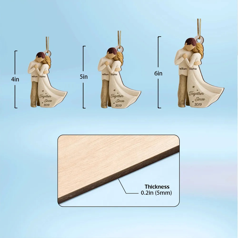 Romantic Wooden Ornament Personalized for a Couple, Sweet Hugging Design with Warm Neutrals, Unique Gift for Partner