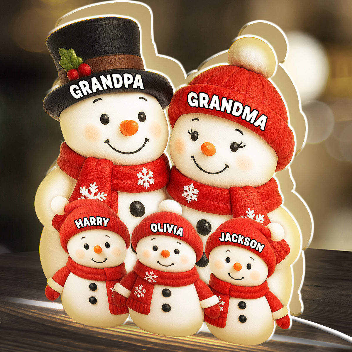 Acrylic Light Box Snowman Grandkids Design, Personalized, Warm Holiday Glow, Cozy Decor, A Unique Gift for Grandparents