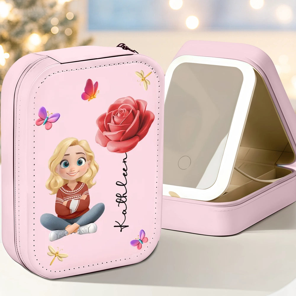 Personalized Leather LED Makeup Case with Cartoon Girl & Rose – Cute Custom Gift for Girls and Teens