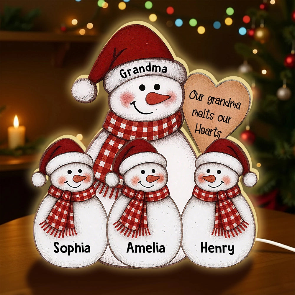 Acrylic Light Box Snowman Grandma & Grandkids, Christmas folk art, warm glow, unique gift for Grandma