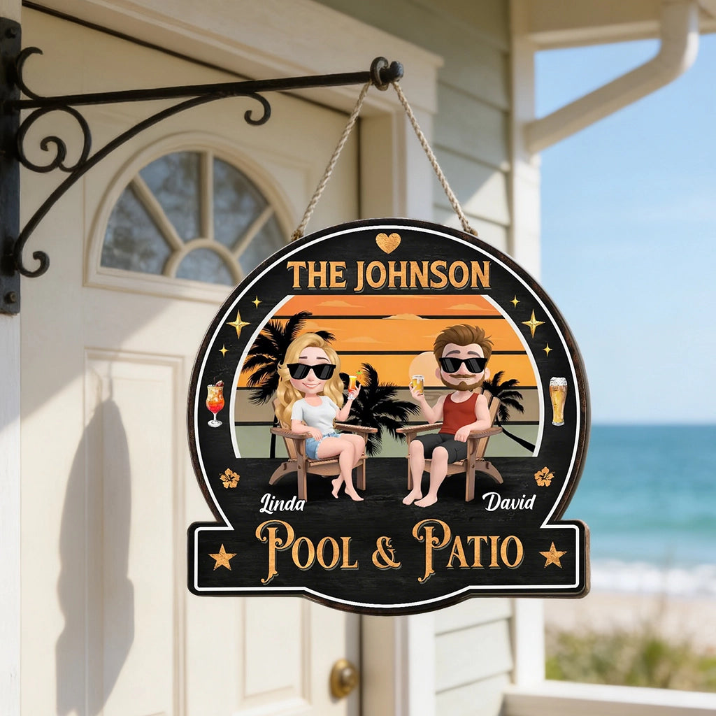 Personalized Wooden Sign with Relaxing Couple at Sunset Pool & Patio Scene, Unique Custom Gift for Couples
