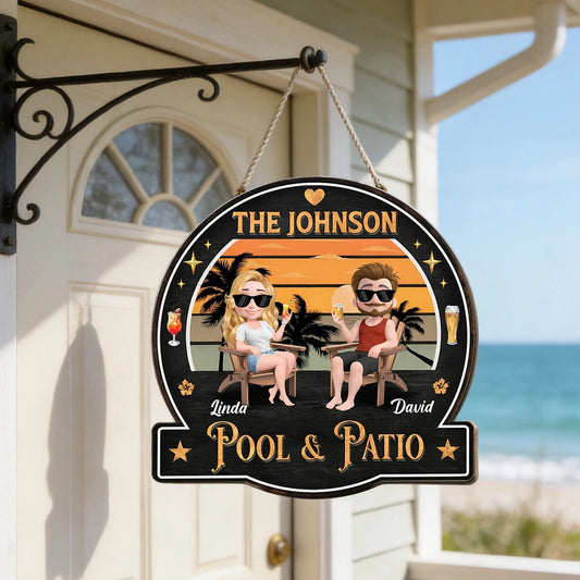 Personalized Wooden Sign with Relaxing Couple at Sunset Pool & Patio Scene, Unique Custom Gift for Couples