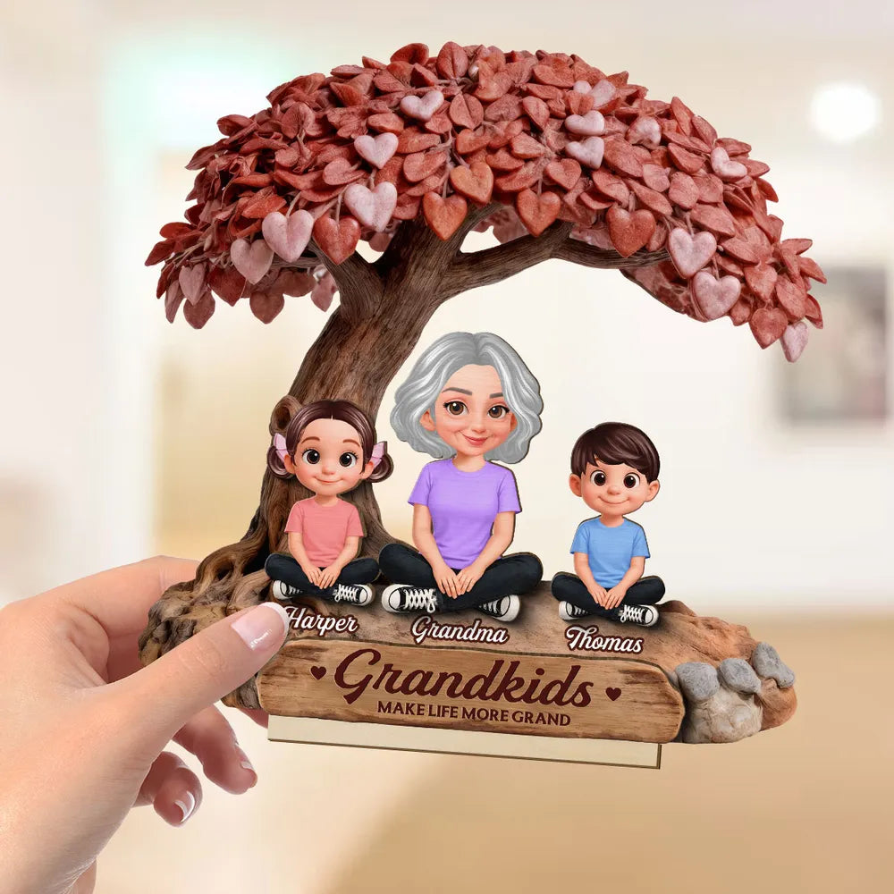 Personalized 2-Layer Wooden Plaque Grandma With Grandkids Under Heart Tree - Unique Family Keepsake Gift