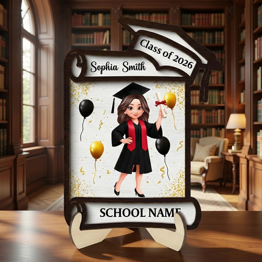 Class of Graduation 2-Layer Wooden Plaque Personalized Keepsake With Cap And Balloons For Desk Or Shelf Heartfelt Gift