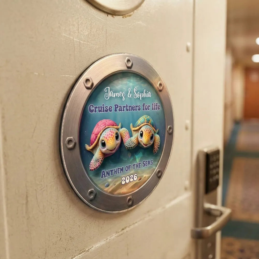 Acrylic Magnet Personalized for Cruise Partners, Colorful Turtle Porthole Design, Sweet Gift Idea for Wife or Husband