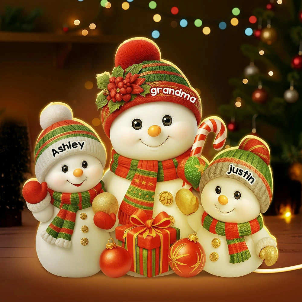 Personalized Acrylic Light Box with Grandma Snowman & Grandkids, Soft Warm Glow Christmas Décor, Unique Gift for Grandma
