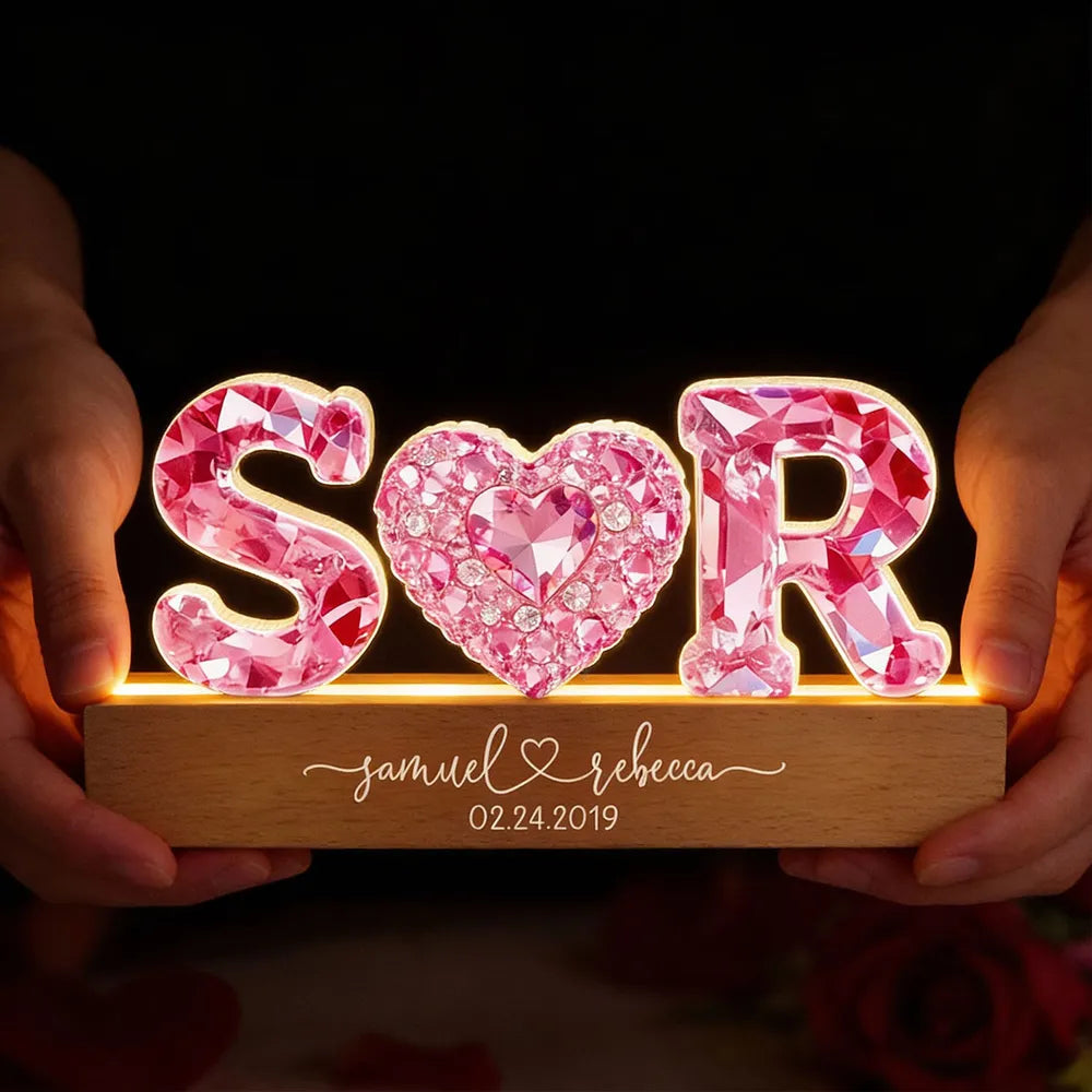 Personalized Shaped Acrylic Block LED Plaque With Initials & Heart, Romantic Nightstand Decor, Unique Gift for Couples