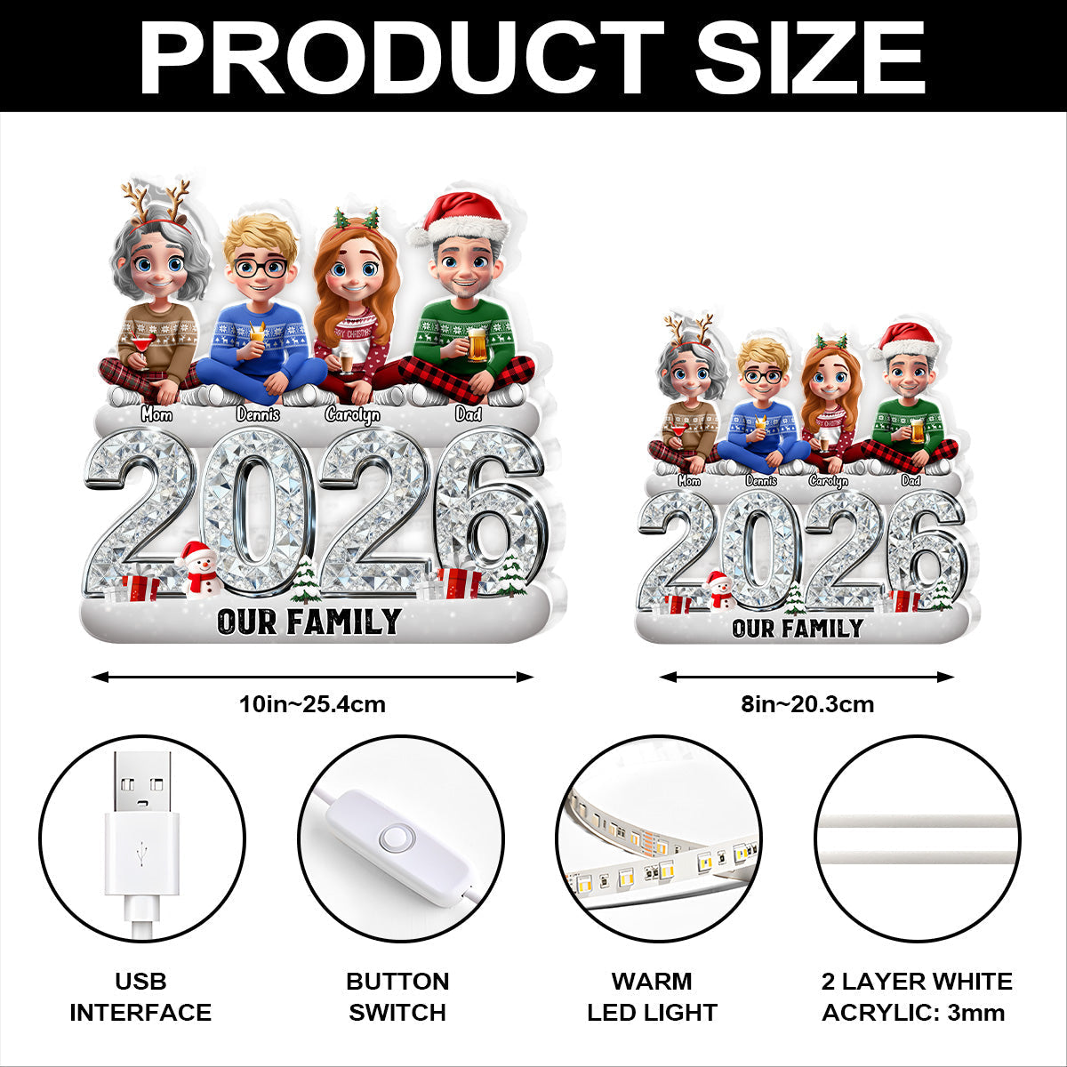 Custom Our Family Acrylic Light Box with Festive Characters, Warm Atmosphere Lighting Acrylic Light Box, Heartfelt Holiday Gift for the Whole Family