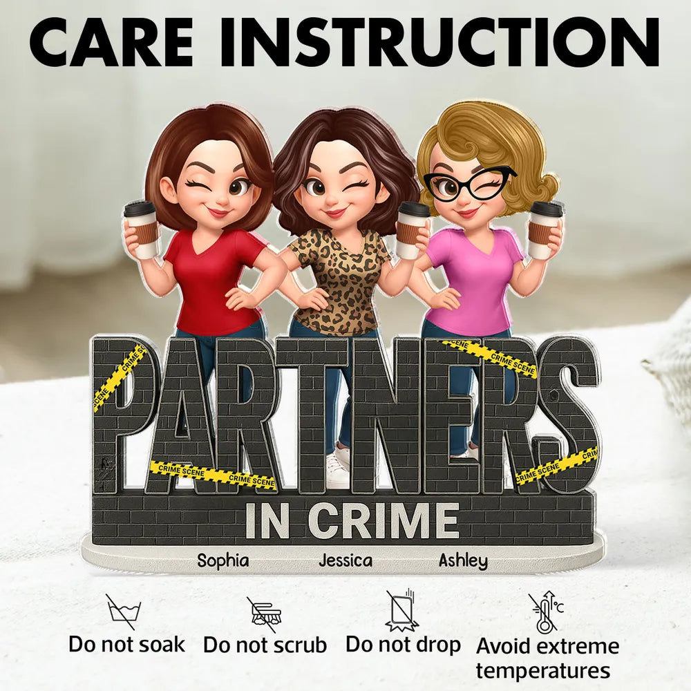 “PARTNERS IN CRIME” Sisters Linking Arms with Coffee Shaped Acrylic Block Plaque, Creative Gift for Sister, Customizable