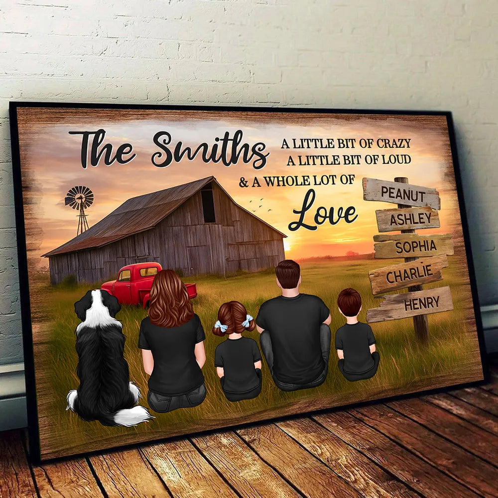 Custom Rustic Farm Family Poster Sunset Barn and Kids with Dog Cozy Country Decor Unique Father's Day Gift