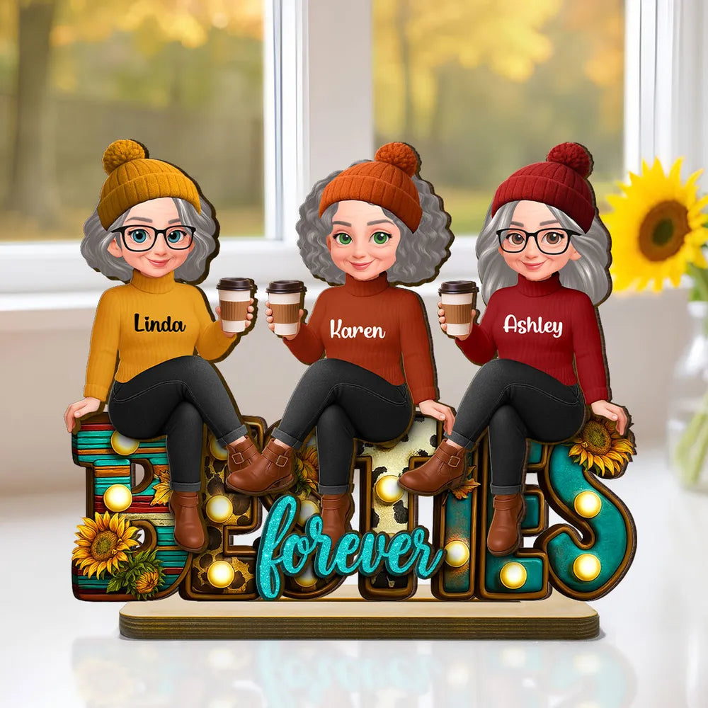 Wooden Plaque Besties Forever Sunflower Letters, Sitting Best Friends with Coffee, Cozy Fall Vibes, Unique Friend Gift