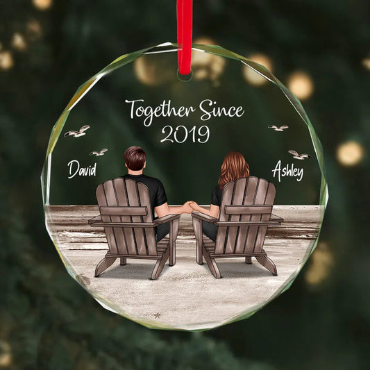 Crystal Ornament Personalized for Couples, Sitting Together at a Sunset Beach Scene, Romantic Keepsake Gift for Her